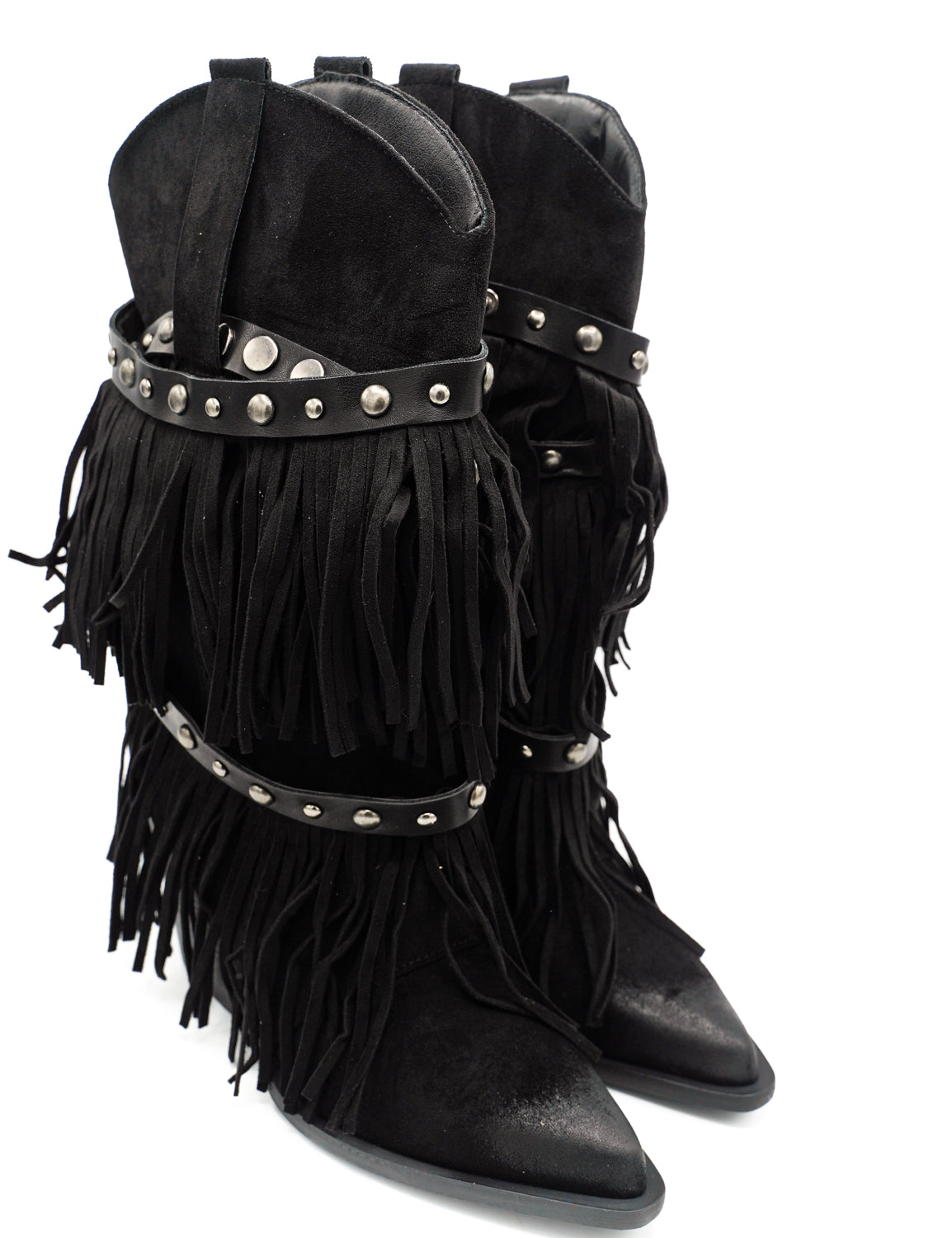 Gaia Shoes Flaminia Stivali texani con frange e cinturini borchiati