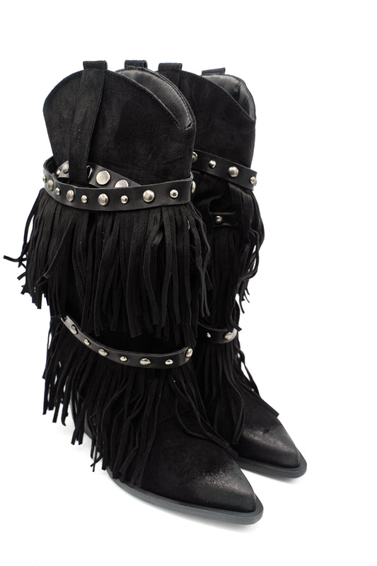 Gaia Shoes Flaminia Stivali texani con frange e cinturini borchiati