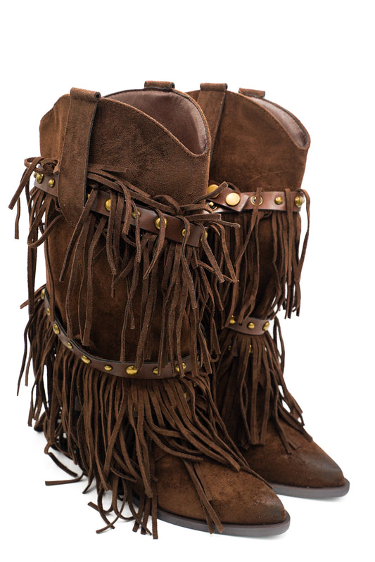 Gaia Shoes Flaminia Stivali texani con frange e cinturini borchiati