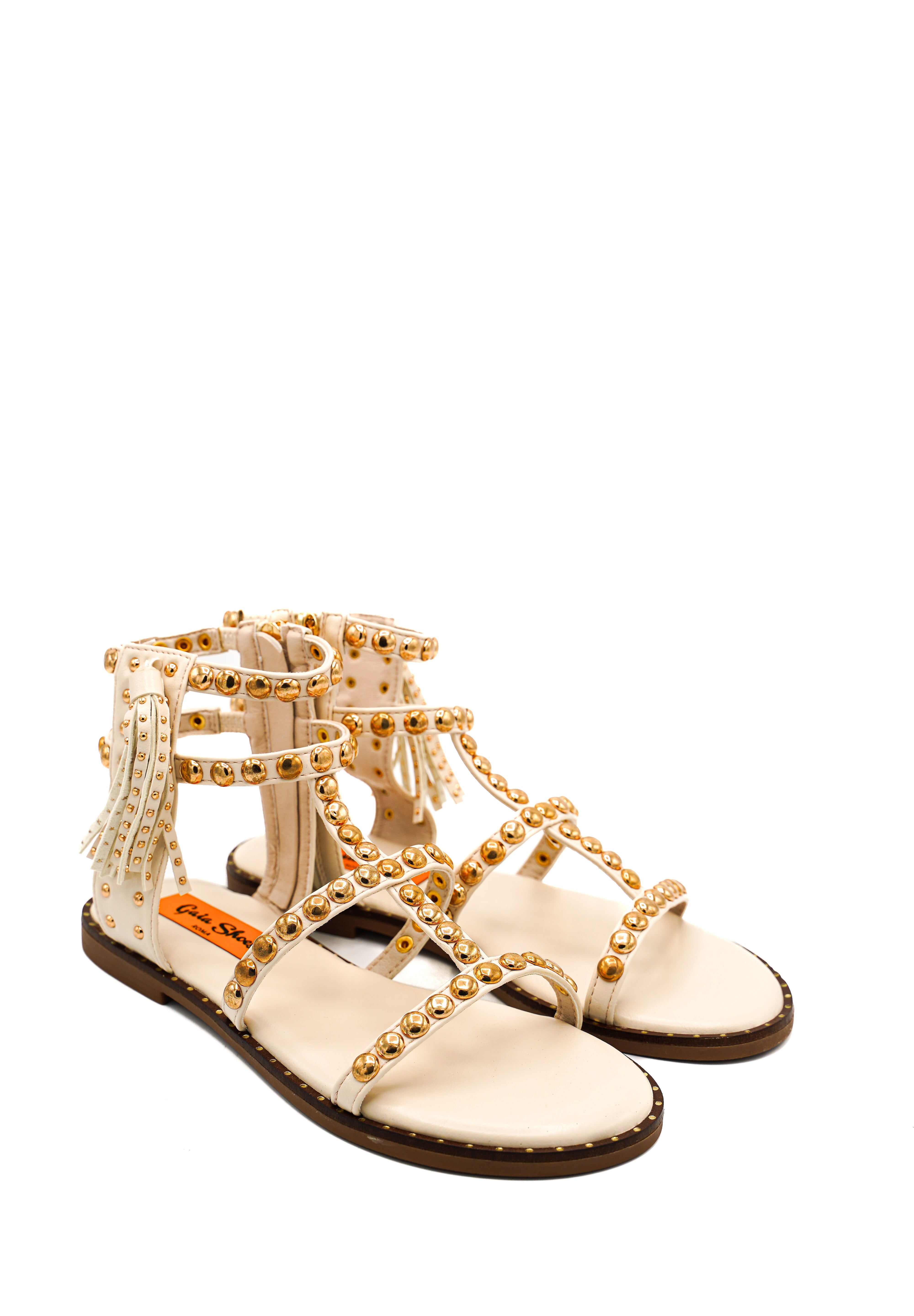 Gaia Shoes JB21S57-H7 Sandali gladiatore con borchie e frange posteriori