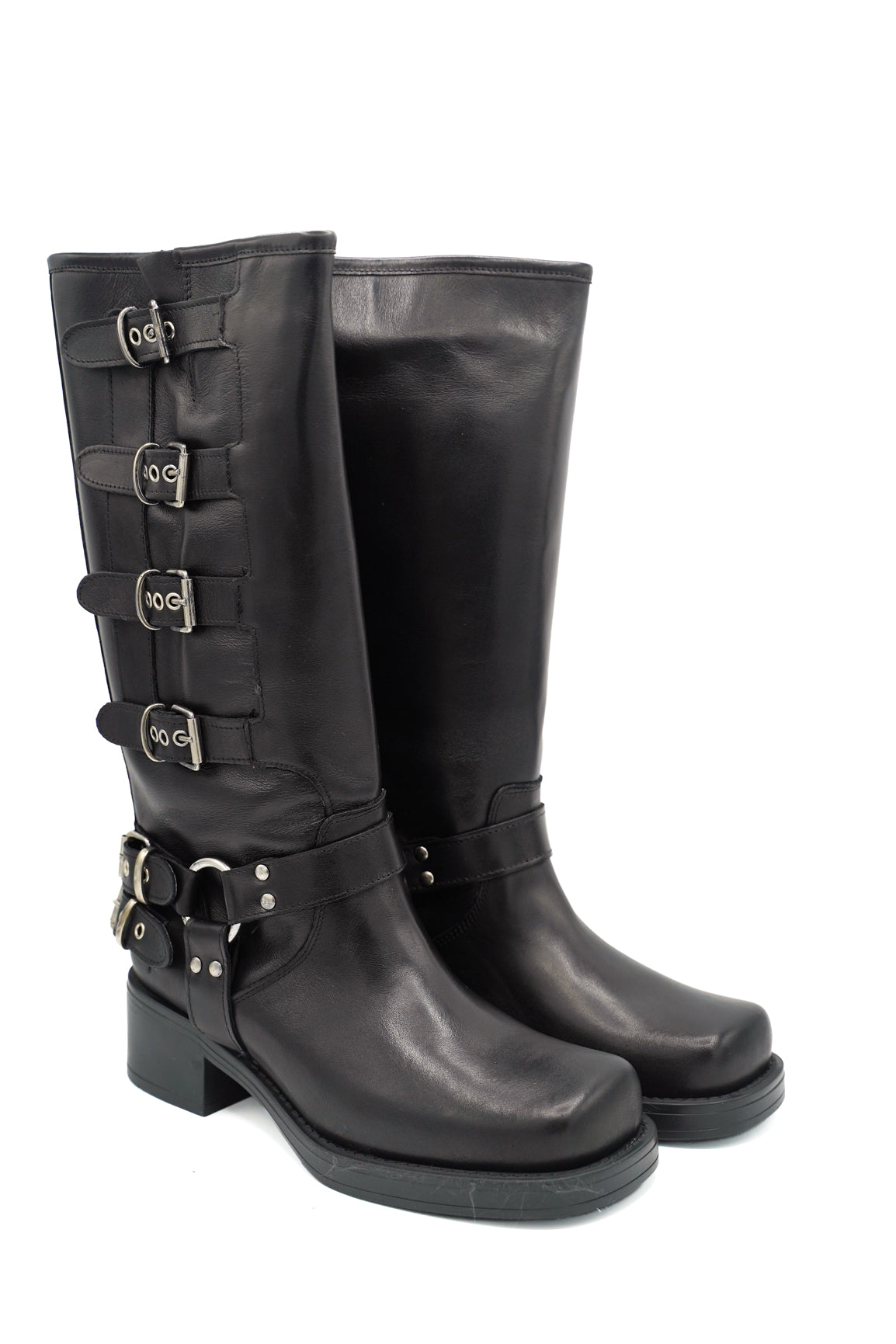 Scarpissime 7176 biker alto in pelle con fibbie metalliche laterali