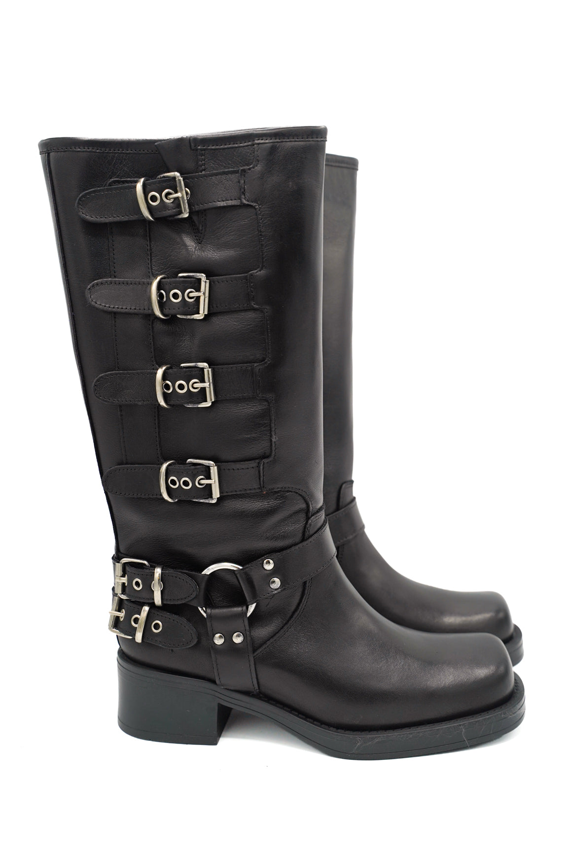 Scarpissime 7176 biker alto in pelle con fibbie metalliche laterali